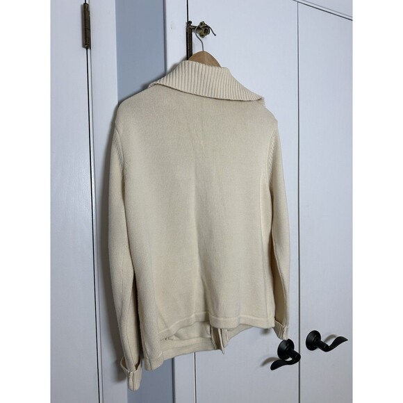 LL Bean Collared Toggle Button Cardigan Sweater Size Large Cotton Cream - Picture 2 of 5
